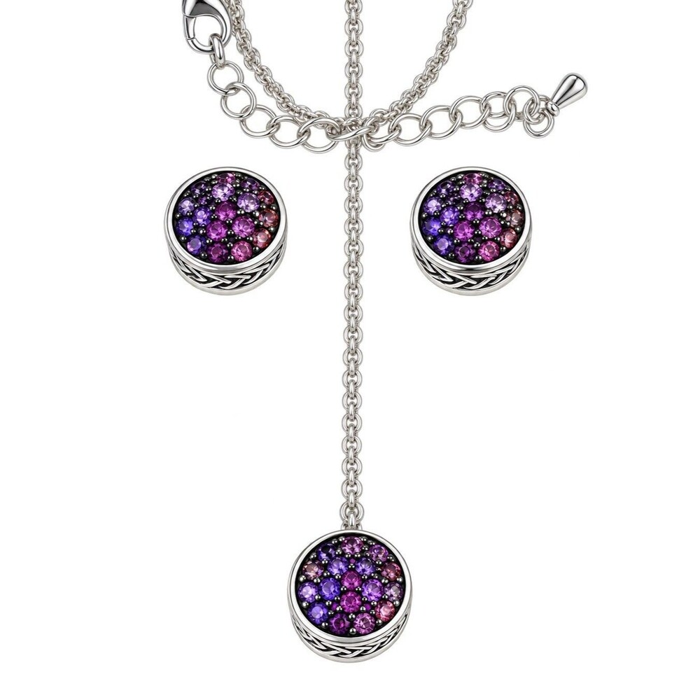Amethyst Color Purple Crystal Pendant Necklace Stud Earrings Set Rhodium Plated